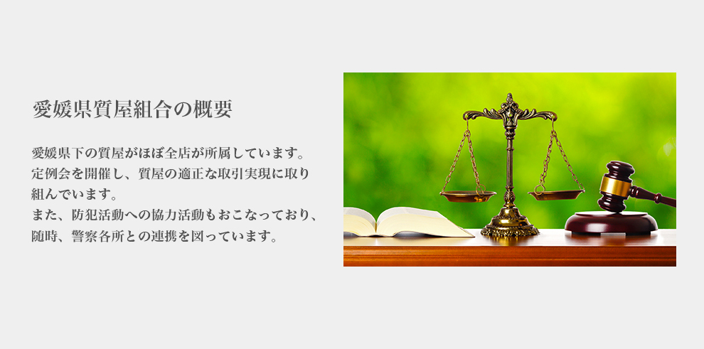 愛媛県質屋組合の概要。愛媛県下の質屋がほぼ全店が所属しています。定例会を開催し、質屋の適正な取引実現に取り組んでいます。<br>
また、防犯活動への協力活動もおこなっており、随時、警察各所との連携を図っています。